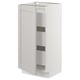A tall white SEKTION kitchen cabinet with one open door, revealing two shelves.