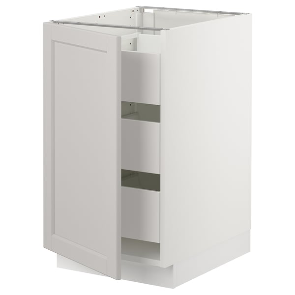 White SEKTION cabinet with bevelled edges, three shelves, solid birch frame, smooth finish.