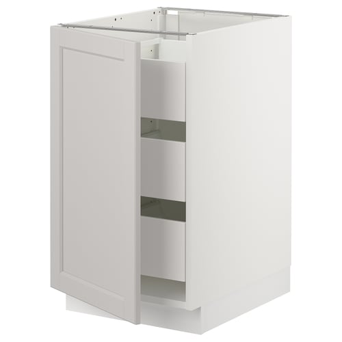 White SEKTION cabinet with bevelled edges, three shelves, solid birch frame, smooth finish.