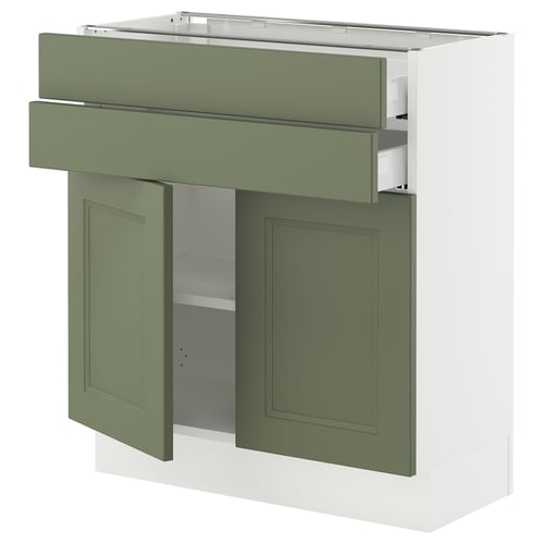 An ikea SEKTION kitchen cabinet with grey-green axstad doors and adjustable shelves.