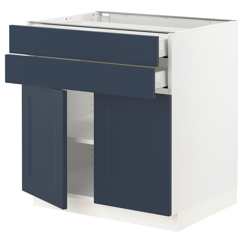 A white and blue SEKTION kitchen cabinet with three drawers and two doors in a modern design.