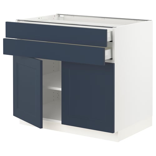 SEKTION kitchen unit in white and blue. Two drawers and two cabinet doors with a sleek, modern design.