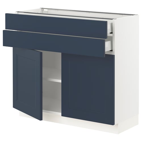 Blue kitchen cabinet with drawers and open shelves, modern design.