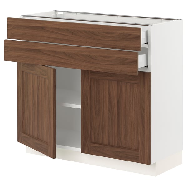 SEKTION / MAXIMERA Base cabinet w 2 doors/2 drawers, white Enköping/brown walnut effect, 36x15x30 "
