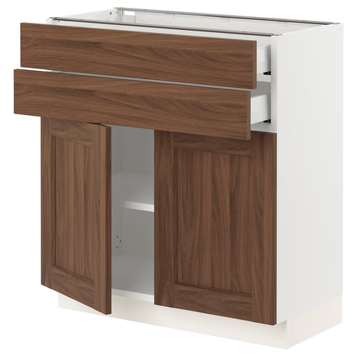 Ikea SEKTION kitchen unit in walnut with drawers and doors, white base.