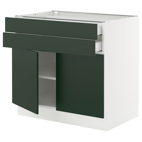 SEKTION kitchen unit with dark green drawers and doors. Two drawers and two cabinet doors, white frame, modern design.