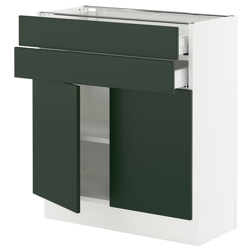 An ikea SEKTION kitchen cabinet with dark green havstorp doors and a white base, featuring modern design and adjustable shelves.