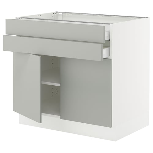 SEKTION kitchen: modern light grey cabinets, white interior, two drawers, one shelf, square shape.
