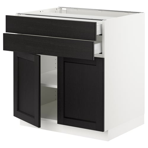 Modern kitchen unit: SEKTION with black-stained ash drawers & doors, white base, adjustable shelves.