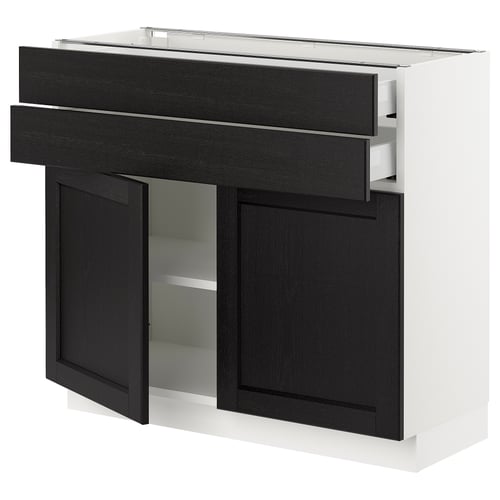 SEKTION kitchen unit: dark wood, white base, adjustable shelves, drawer, sleek design.