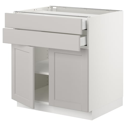 Ikea SEKTION kitchen cabinet, light grey, traditional design, white shelves.