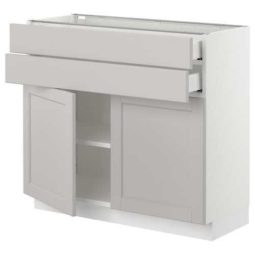 SEKTION kitchen: light grey lerhyttan cabinets, bevelled edges, full-extension drawers & adjustable shelves.