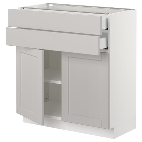 Ikea SEKTION light grey cabinet with drawers and shelves.