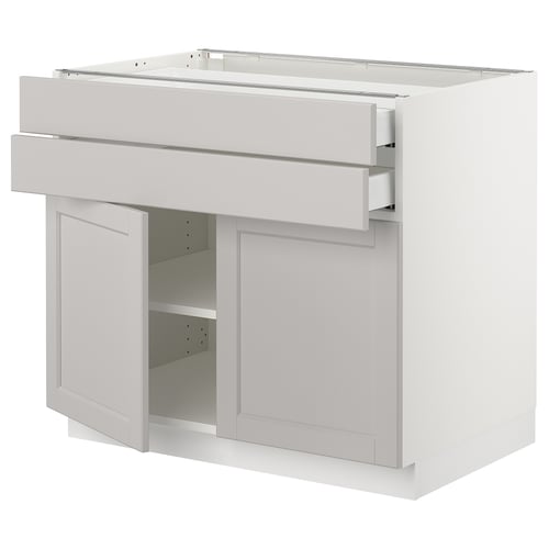 Light grey modern kitchen cabinet with two large drawers and one shelf, featuring sleek handles and a minimalist design.