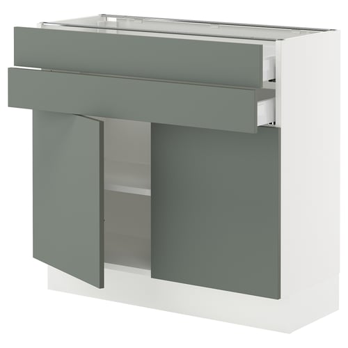 Modern grey-green kitchen cabinet with adjustable shelves and soft-close door.