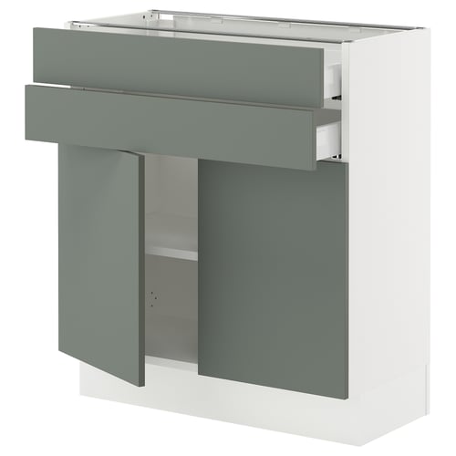 A modern kitchen cabinet in grey-green with two drawers and an open shelf.