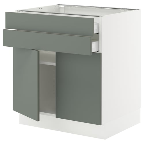 Modern kitchen unit, matt gray-green, metal & particle board, rectangle shape, minimalist design.