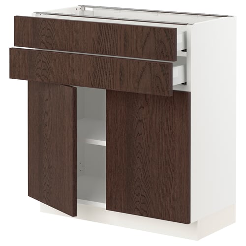 Ikea SEKTION kitchen unit, dark brown, white base, wood grain pattern, multiple shelves and drawers.