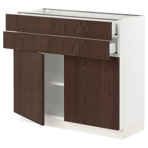 Dark brown oakwood kitchen cabinet with three drawers and two doors, white trim. Elegant, modern design.