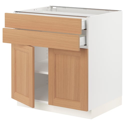 SEKTION kitchen unit: light wood drawers, door, white base, adjustable shelves.