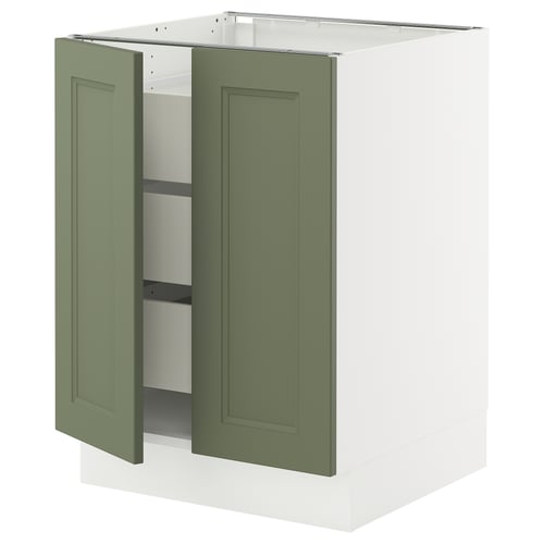 Ikea SEKTION kitchen cabinet in grey-green with two open doors revealing shelves, modern and traditional design.