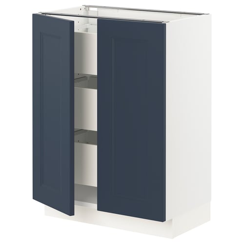 SEKTION kitchen cabinet in blue with white frame, 2 doors open, modern design.