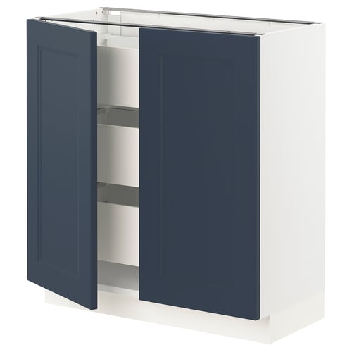 Blue ikea SEKTION kitchen cabinet with open doors, showing shelves inside.
