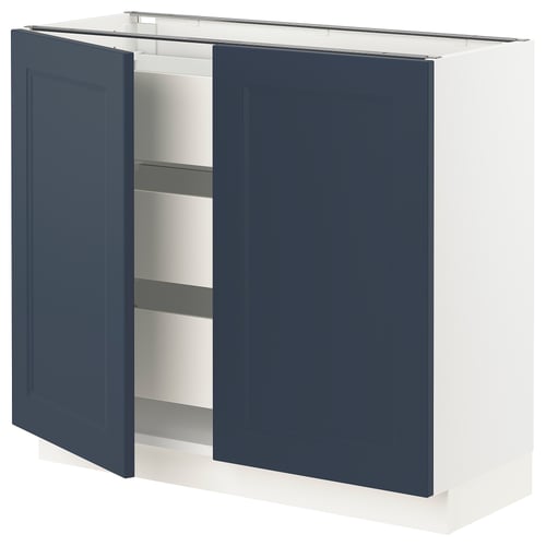 A blue SEKTION kitchen cabinet with open doors, revealing shelves. The cabinet is rectangular with a modern, sleek design.