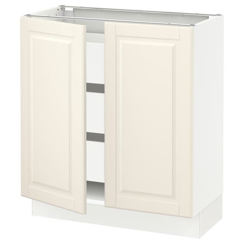 An off-white SEKTION base kitchen cabinet with two doors, showcasing a classic design with bevelled edges and a rectangular shape.