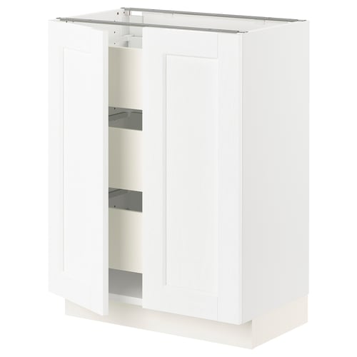 White SEKTION kitchen cabinet with two open doors revealing shelves.