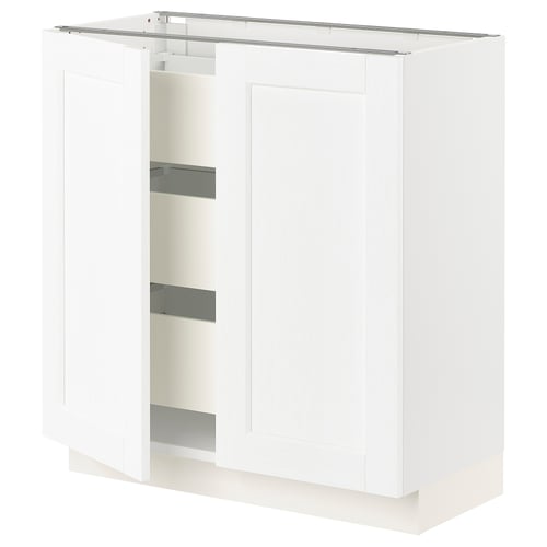 White SEKTION kitchen cabinet with three glass shelves, sleek design.
