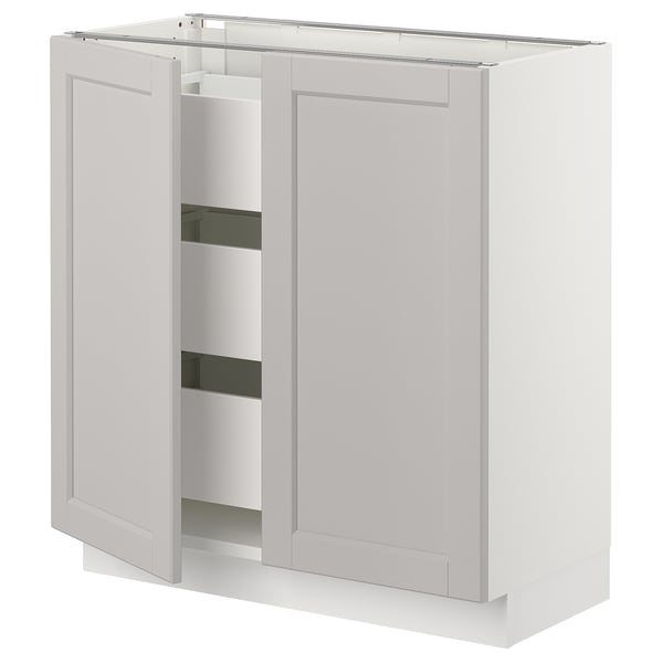 Off-white SEKTION kitchen cabinet with two open doors and shelves. Classic design, bevelled edges.