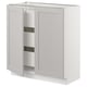 Off-white SEKTION kitchen cabinet with two open doors and shelves. Classic design, bevelled edges.