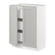 White kitchen cabinet, SEKTION series, light grey lerhyttan fronts, bevelled edges, two doors slightly open, drawer with dampers.