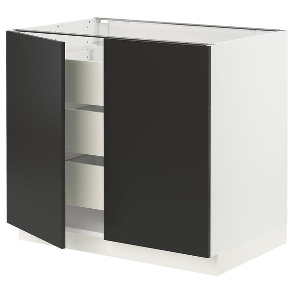 SEKTION / MAXIMERA Base cabinet w 2 doors/3 drawers, white/Nickebo matte anthracite, 36x24x30 "