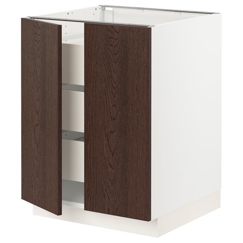 A white SEKTION kitchen cabinet with dark brown wooden doors. It a frame with metal hinges and a smooth drawer system.