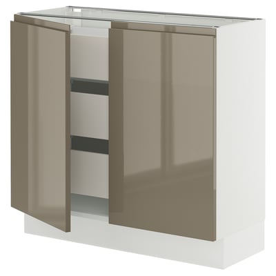 SEKTION / MAXIMERA Base cabinet w 2 doors/3 drawers, white/Voxtorp high-gloss dark grey-brown, 36x15x30 "