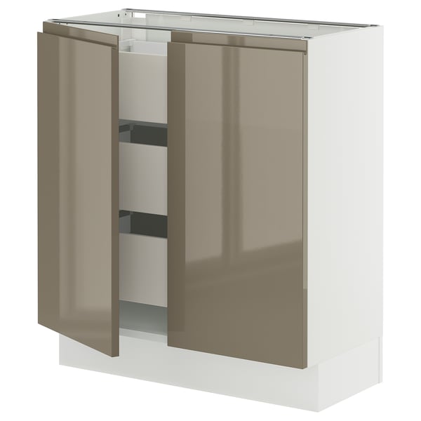 SEKTION / MAXIMERA Base cabinet w 2 doors/3 drawers, white/Voxtorp high-gloss dark grey-brown, 30x15x30 "