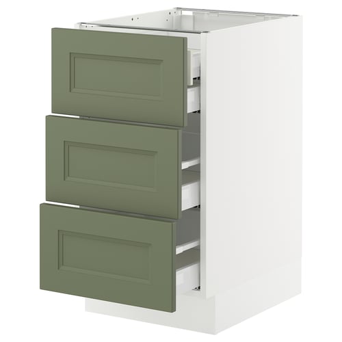 SEKTION kitchen cabinet with three green axstad drawers, modern design.
