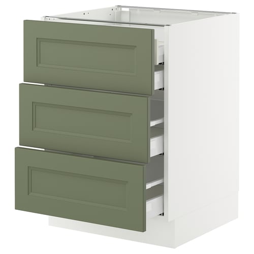 SEKTION kitchen unit, three green drawers, white base.