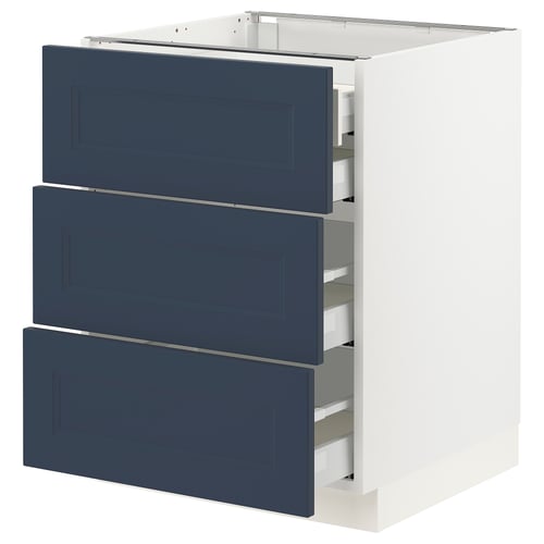SEKTION kitchen cabinet in blue with three drawers, white frame, sleek design.
