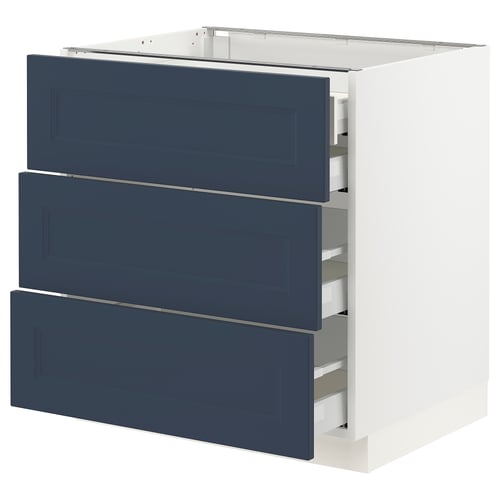 SEKTION kitchen unit, blue axstad fronts, white base, three medium drawers, modern design.