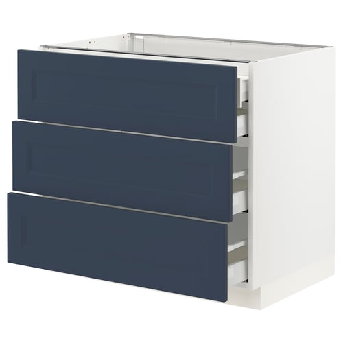 SEKTION kitchen unit with blue drawers. Three drawers in dark blue with white cabinet frame.