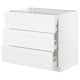 White SEKTION kitchen cabinet with 3 drawers, open shelf, silver handles.
