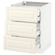 A white ikea SEKTION kitchen cabinet with off-white bodbyn drawer fronts and three open full-extension drawers.