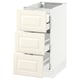 A white SEKTION kitchen cabinet with three open drawers, featuring a traditional design with off-white, bevelled fronts.
