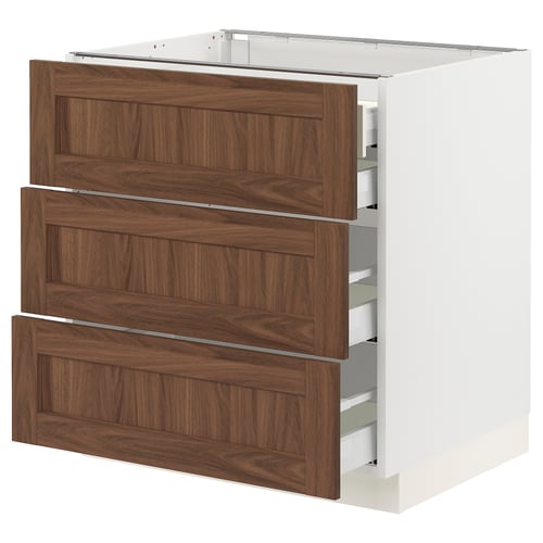 SEKTION kitchen cabinet in walnut, white, three drawers, classic wood design.