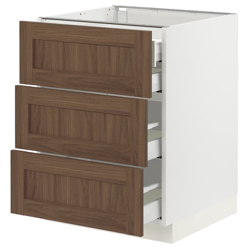 Ikea SEKTION kitchen cabinet in white with walnut drawers, three open drawers, sleek and modern design.