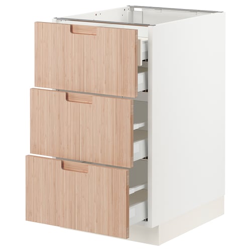 SEKTION kitchen unit with three bamboo drawers featuring sleek, light wood design and full extension functionality.