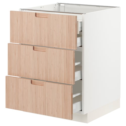 Ikea SEKTION kitchen cabinet in white with natural bamboo drawers, sleek handles, three medium drawers, and soft-close mechanism.